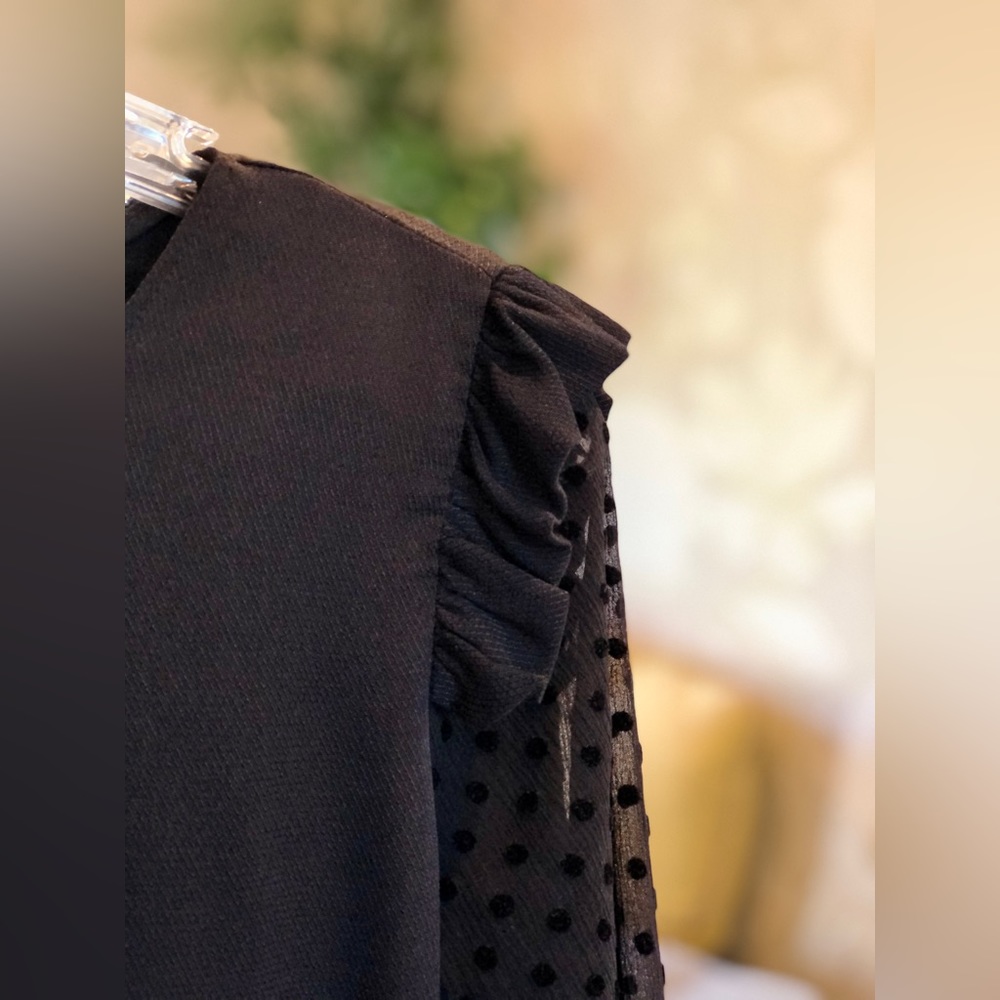 Zara Women’s Top - Ruffle Shoulders - Sheer Polkadot Sleeves - Size S